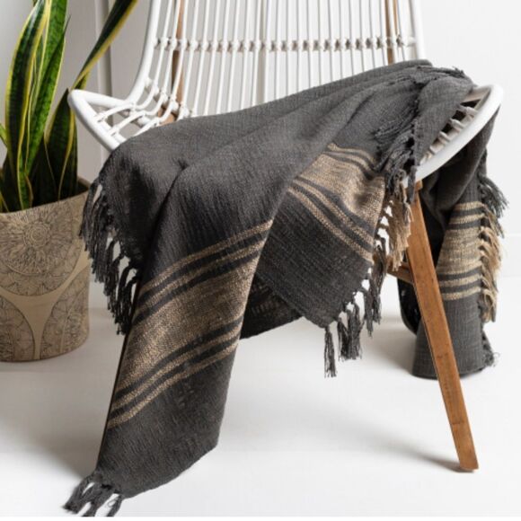 Surya Bramble Charcoal Hand Woven Boho Throw Blanket - Picture 1 of 8